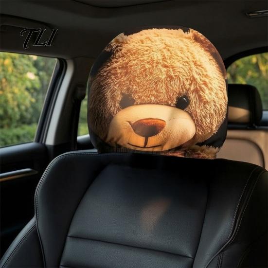 Humorous Car Accessories Zipper Bear Headrest Cover, 2D Flat Print Cute Seat Universal Fit Covers Protector, Breathable Auto Interior Decor