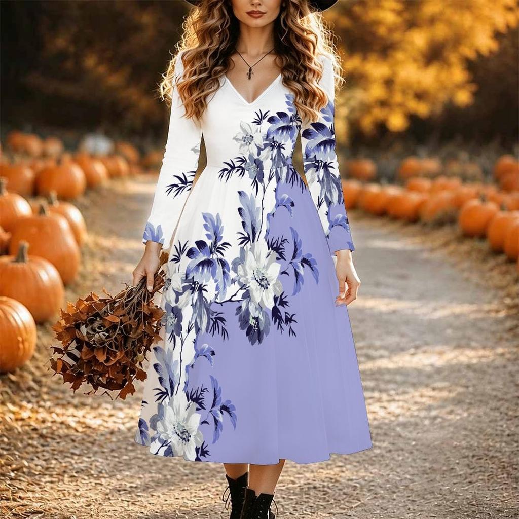 Halloween Women's Floral Pattern Print Midi Dress A Line Dress Vacation Casual Daily Regular Fit Long Sleeve V Neck Black Spring Fall