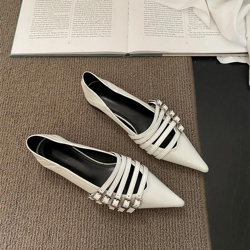 Shoes for Women Pumps Low Heel Pointed Toe Goth Sexy Elegant Woman Heeled White Loafers Slip on New in Belt Buckle