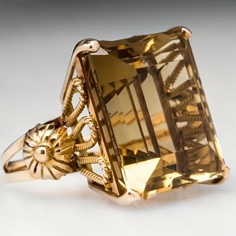 Fashion Gold Color Carving Pattern Square Inlaid Zircon Ring, Women's Exquisite Sparkling Jewelry Accessory