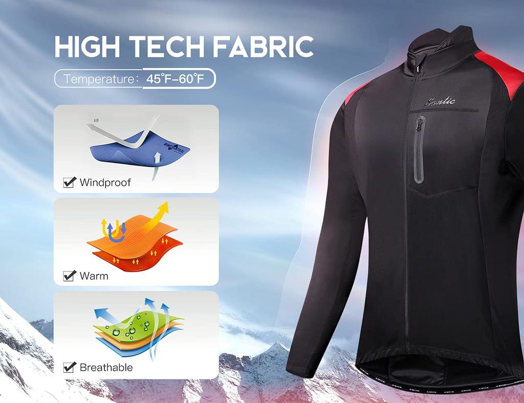 Santic Men's Long Sleeve Cycling Jersey, Windbreaker Jacket, Windproof and Cold-Resistant for Fall and Winter, Black/Red, Size L