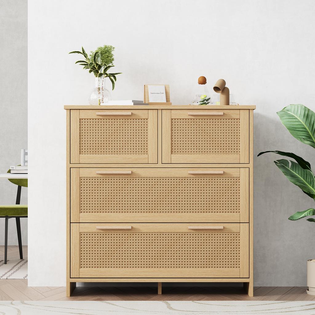 Hochwertiger Rattan-Schrank mit 4 Schubladen und Griffen aus Massivholz - Geeignet für Schlafzimmer, Wohnzimmer, Esszimmer, Flur - Maße: B80/H80/T38 cm