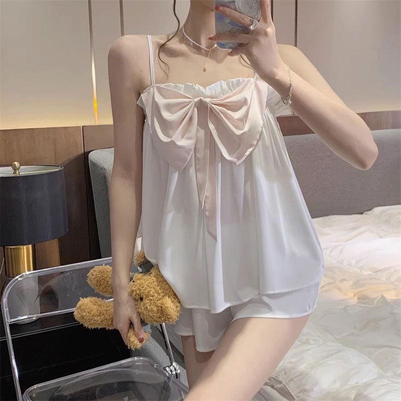 Summer Loungewear Pajamas Women'S Simple Big Bow Cool Ice Silk Suspender Shorts Set