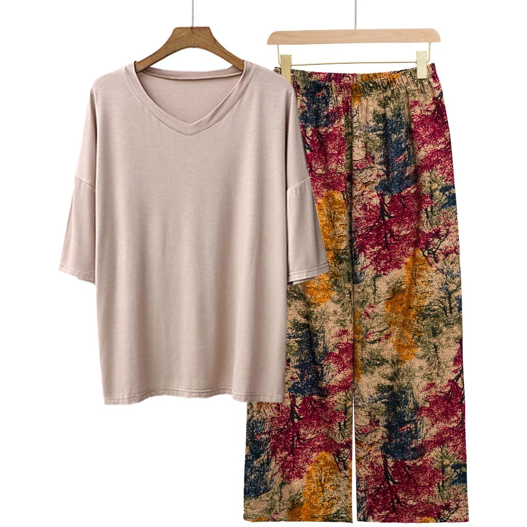 Pajamas Women's Spring and Summer New V-neck Short-sleeved Cotton and Linen Pants European and American Large-size Loungewear Two-piece Set
