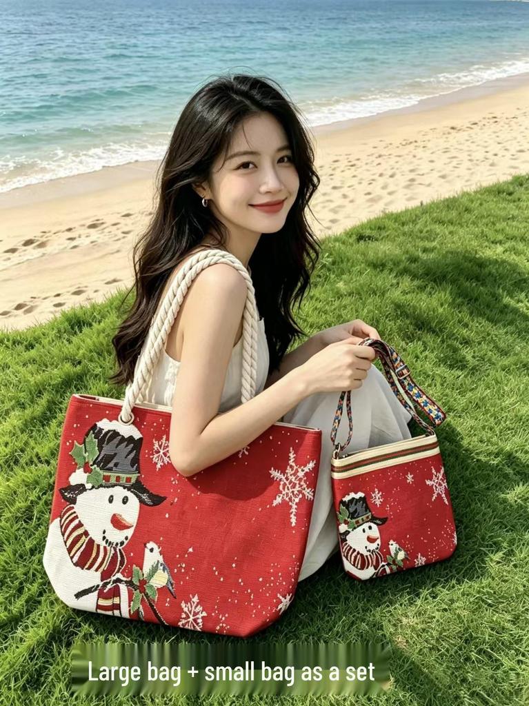 Women's Christmas Tote Set: Snowman & Santa Claus Embroidered Large Shoulder Bag with Makeup Pouch