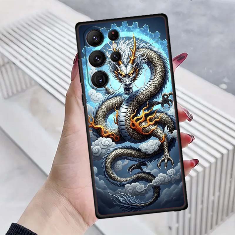 Fashion Dragon Illustration For Samsung Galaxy S26 S25 S24 S23 S22 S21 S20 Ultra Plus FE 5G Black Soft TPU Phone Case