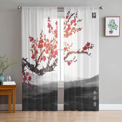 Cherry Blossom Tree Flower Painting Chinese Style Sheer Curtains for Living Room Window Curtains Kitchen Tulle Voile Curtains