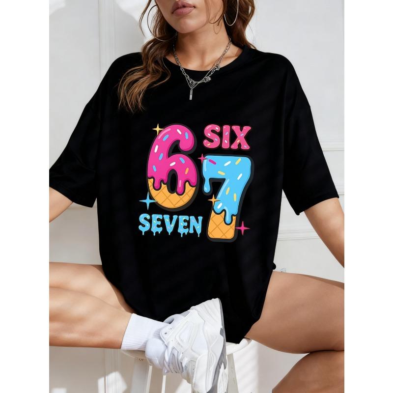 White Oversized T Shirt With Colorful Ice Cream Numbers Six Seven Print For Casual Wear And Street Style