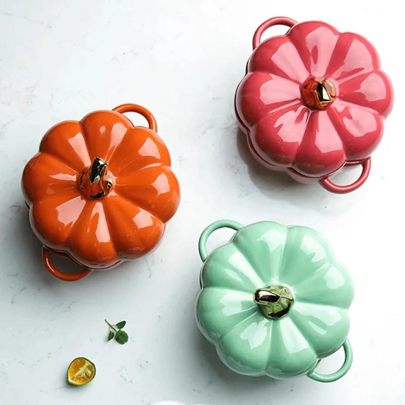 Pumpkin Ceramic Bowl with Lid Mini Baking Pan Cute Pumpkin Bowls Outdoor Travel Children's Tableware Thanksgiving Party Decor