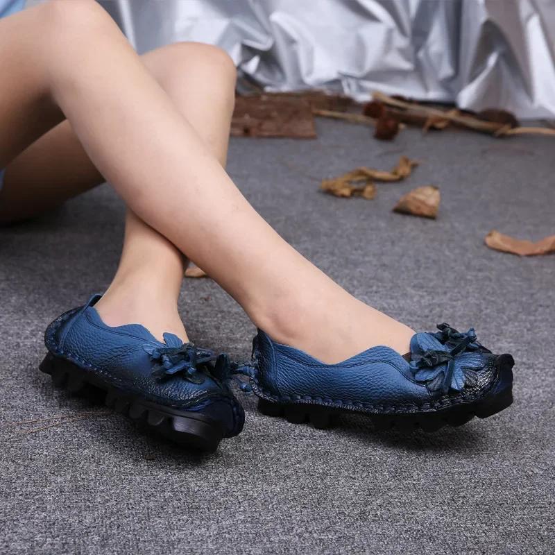 2025 Summer Genuine Leather Flats Women Soft Slip-On Flat Shoes Black Red Floral Mom Loafers Moccasin Lady Designer Shoes