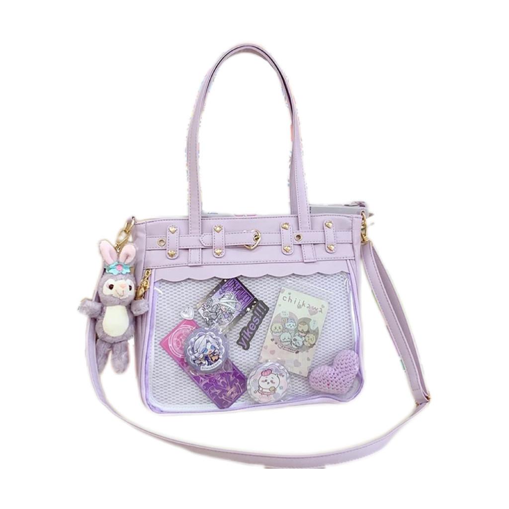 Color Solid Heart Shaped Decor Women Tote Bag With Transparent Compartment