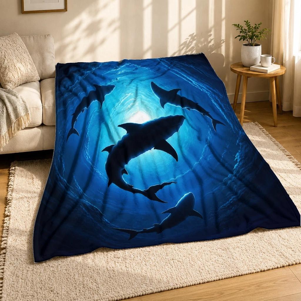 Four Sharks Around Ocean Glow Coral Fleece Blanket