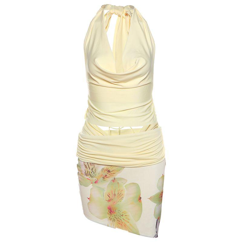 

# Sisjuly# Travel Outfit Wind Easiest for Match Swing Collar Halterneck Vest Irregular High Waist Skirt Suit Female Khaki M