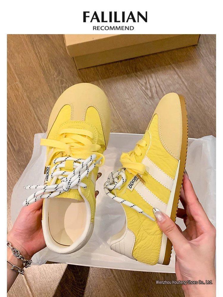 Women's Yellow Leather German Trainer Shoes: New 2025 Spring Style, Lightweight, Versatile, Thin Sole, Casual Sports Skate Shoes.