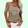 Women Fashion Round Collar Floral Print Tee Shirt Summer Pullover Off Shoulder Top Casual Short Sleeve T-shirt