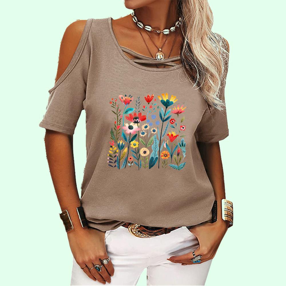 Women Fashion Round Collar Floral Print Tee Shirt Summer Pullover Off Shoulder Top Casual Short Sleeve T-shirt