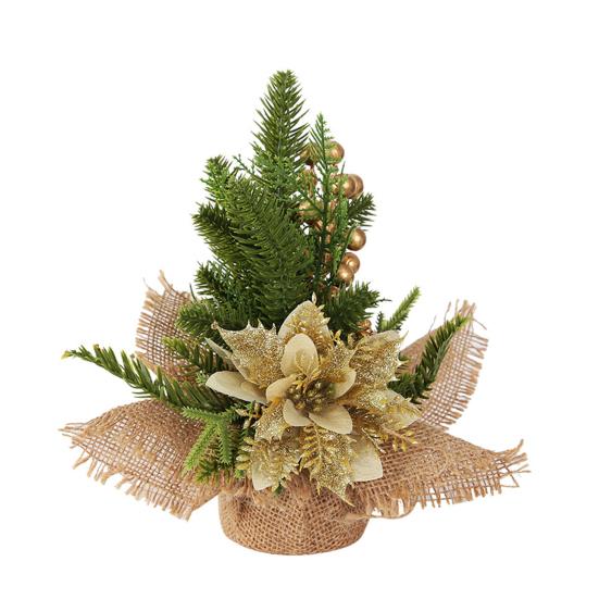 Small Christmas Artificial Plants with Burlap Base Faux Pine Branches with Red Berries/Poinsettias Flower