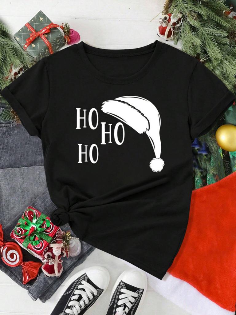 HO HO HO Christmas Hat Pattern Tshirt Loose Breathable Holiday Activities Shortsleeved Tshirt Unisex Women Unisex Casual Tops