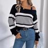 Casual Autumn Winter Color Block Striped Off Shoulder Lantern Sleeve Pullover Sweater For Women