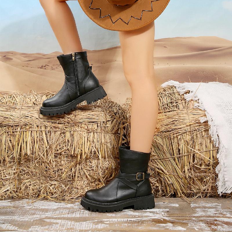 Europäische und amerikanische Größe Leder seitlicher Reißverschluss kurzer Schaft Martin Stiefel Damen grenzüberschreitend runde Zehen dicke Sohle Gürtelschnalle Ritter Lederstiefel