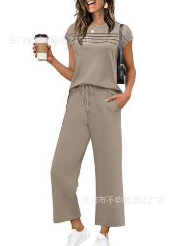 European and American women's clothing is popular, spring and summer knitted short-sleeved wide-leg pants casual two-piece set