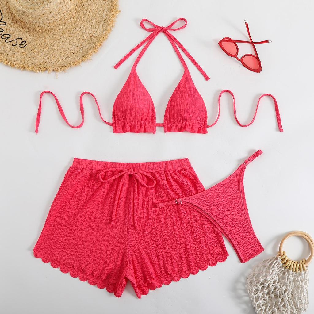 2025 Trendy Solid Color Sexy Halter Bikini Three-Piece Set
