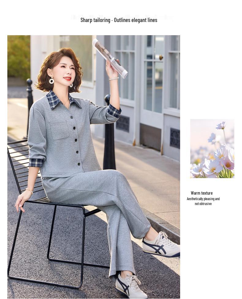 Mom's Spring Casual Korean Style Two-Piece Suit: Fashionable Age-Reducing Shirt and Jacket Set for Middle-Aged & Elderly Women