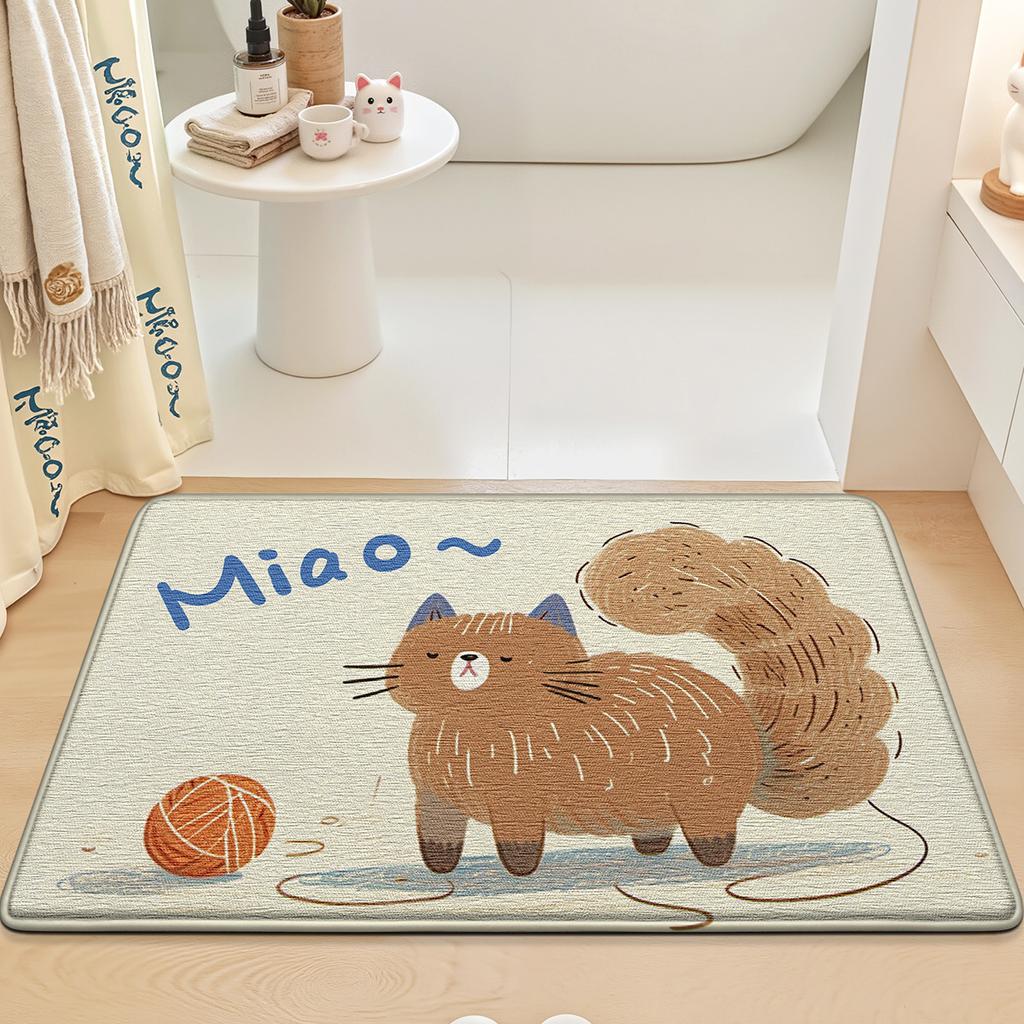 Adorable Cartoon Cat Bath Mat - Soft Cotton Velvet with Memory Foam Feel | Ultra Absorbent & Quick Dry | Non-Slip Bathroom Rug