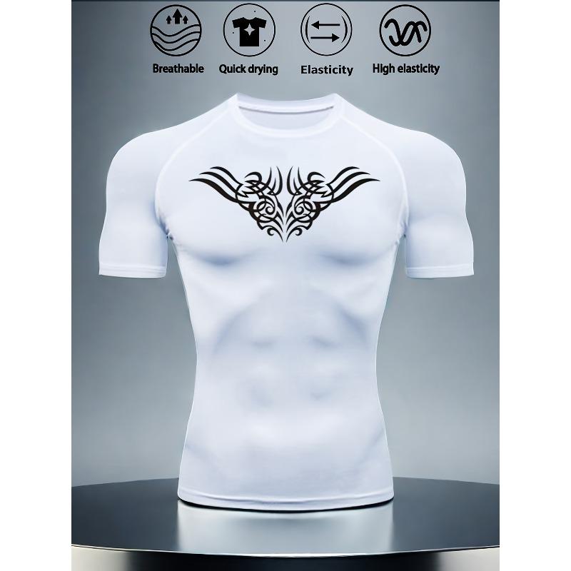 Mens White Compression Short Sleeve T-Shirt Black Tribal Wing Graphic Quick Dry Breathable High Elasticity Gym And Running Athletic Top