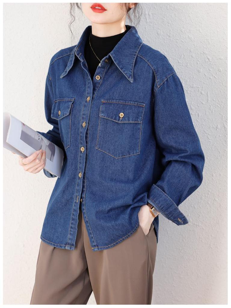 Dam Höst 2025 Retro Tvättad Denimjacka: Koreanskt inspirerad lös långärmad skjorta i Hongkongstil
