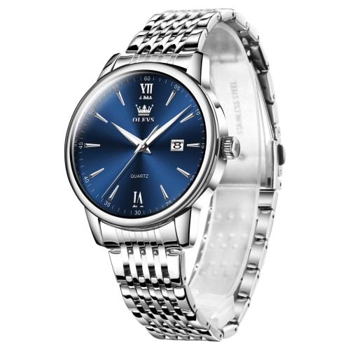 OLEVS Men's Waterproof Analog Quartz Watch with Silver Stainless Steel Band, Pressure Resistant, Easy to Read, Casual