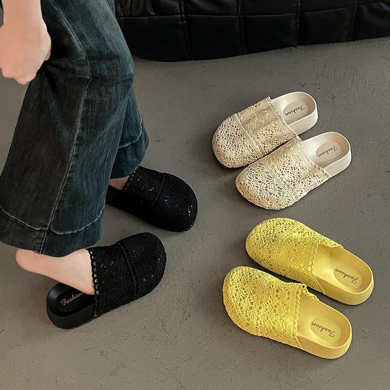Knitted Hollow Big Head Muffin Thick Bottom Bag Head Drag Women's Summer New Wear Breathable Small Half Slippers