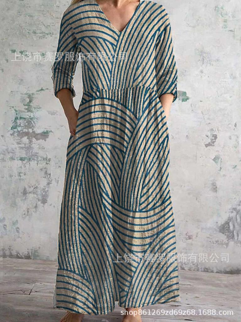 Damen Langarm V-Ausschnitt Maxi Kleid mit Streifenmuster, Knöchellanges Fließendes Kleid, Lässig Elegantes Kleid