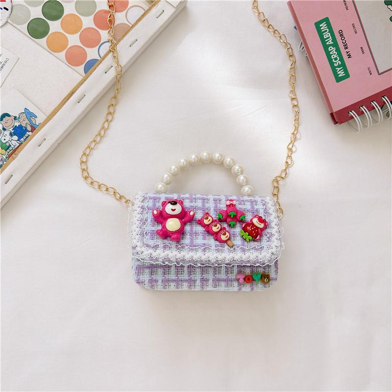 

Creative Bead Lotso Handbag Cotton Linen Shoulder Bag With Animal Girls For Blue Purple Check