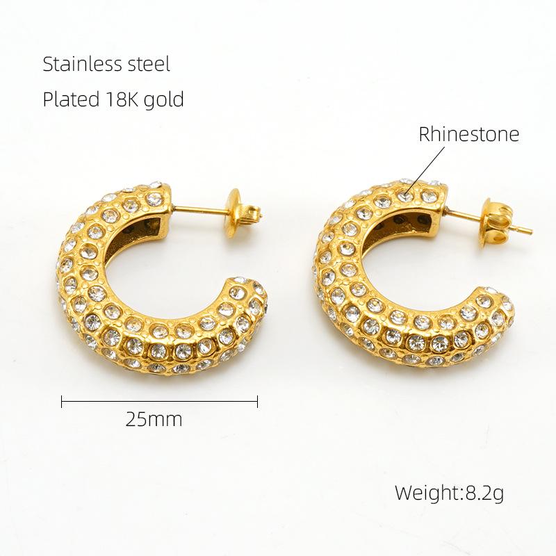 18K Geometric Retro Style Stud Earrings with Stainless Steel Diamond-Set Design for Women