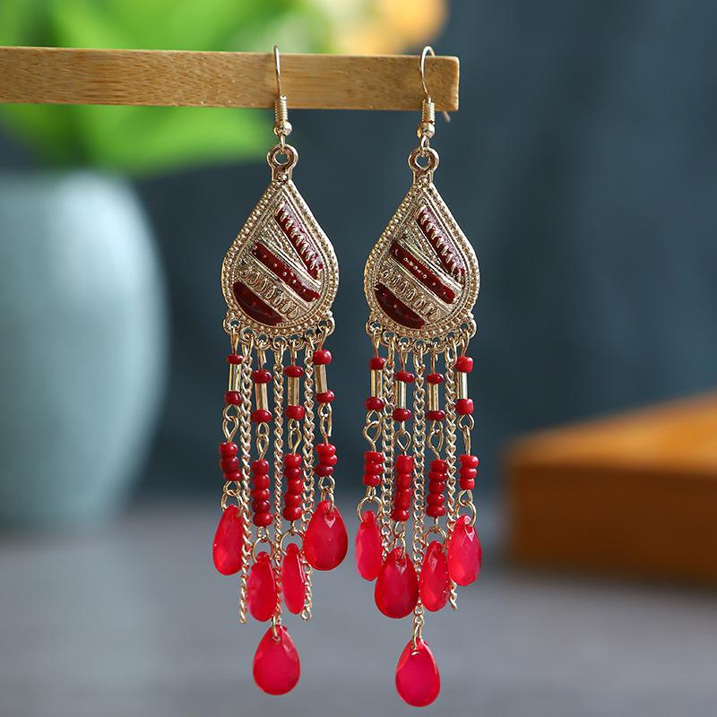 

Fashion Bohemian Long Earrings For Women Handmade Tassel Chain Beads Enameled Teardrop Dangle Earrings Zircon Pendientes Mujer красный
