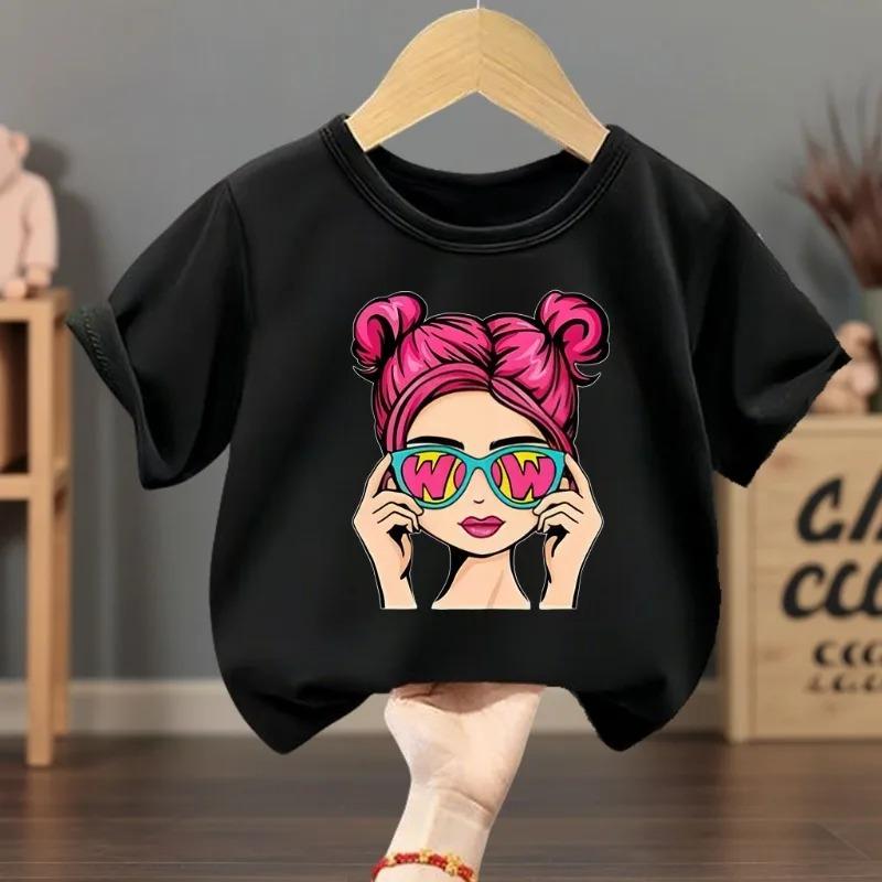 2026 Summer Girls Fashion Casual T Shirts Fashion Printed Childrens Short Sleeve Tops Kids Breathable Comfy Outdoor Tee