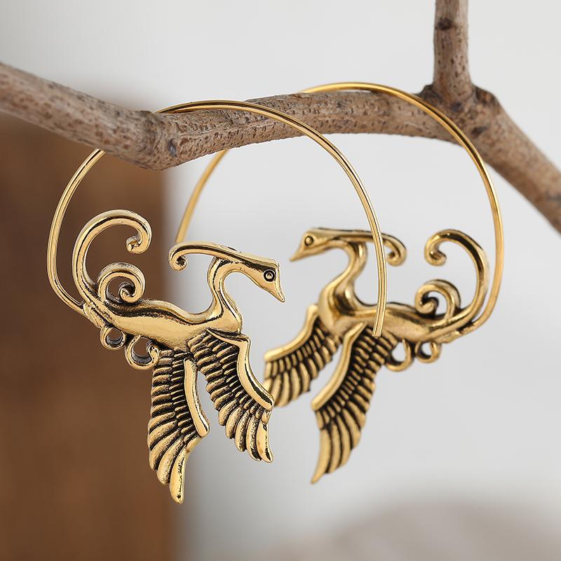 Phoenix Bird Hoop Earrings Gold Color-tone with Hoops