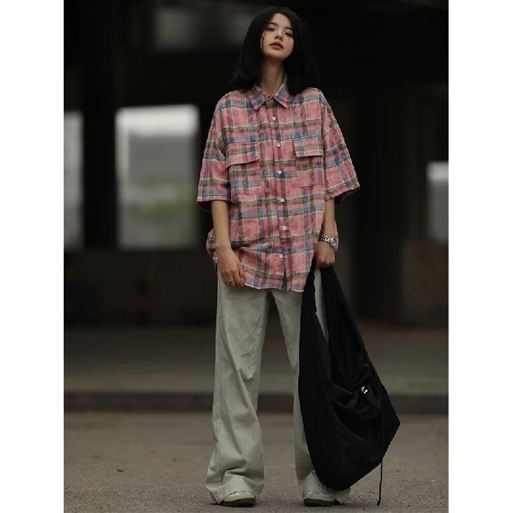 Checkered Retro Shirt Men'S Summer Outfit Hong Kong Style Student Loose And Niche Design Fun New Men'S Top For Outdoor Wear