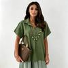 Women's Short Sleeve Shirt Loose Fit V Neck Collared Blouse Casual Wrinkled Texture Summer Top