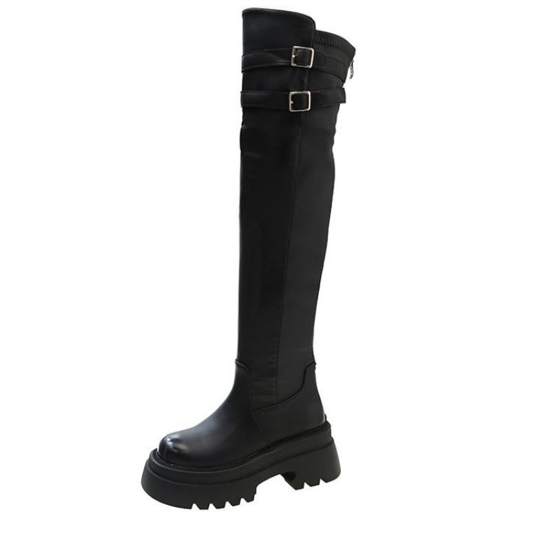 Knee Over Long Boots For Women  New Retro Round Toe Thick Soled High Boots With Thick Heels And Leather Buckle Elastic Boots
