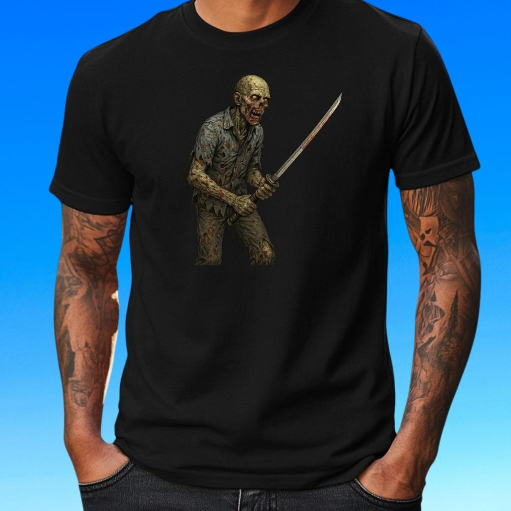 T-Shirt Zombie mit Katana – Apokalyptischer Krieger Style, Horror FunshirtWird in neuem Fenster oder Tab geöffnet