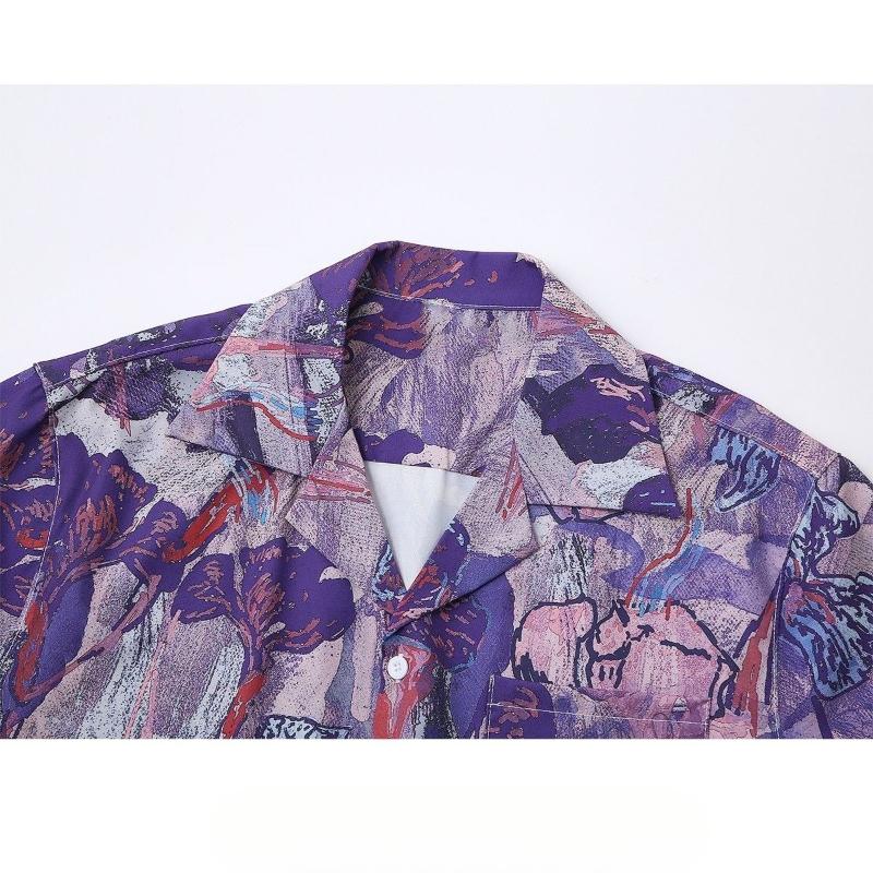 Retro Printed Women's Short Sleeved Shirts Single Breasted Shirt with Pocket Loose Medium Length Versatile Lapel Blouses