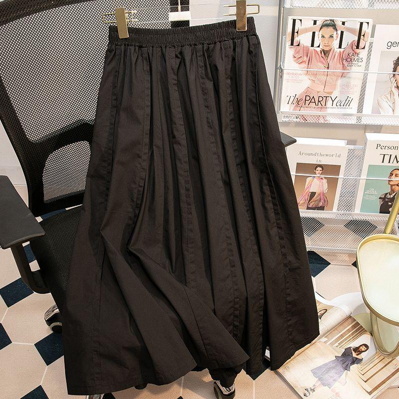 

K-style Spring and Summer New Chubby Girl Retro Art Elastic-Waist High Waist Midi Skirt A- Line Ruched Washed Skirt for Women Black 3XL