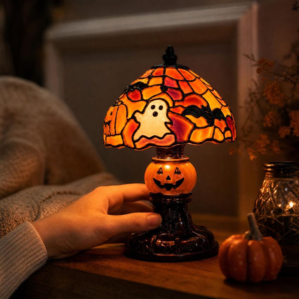 Halloween Stained Glass Night Light - Gothic Resin & Pumpkin Decorative for Decor