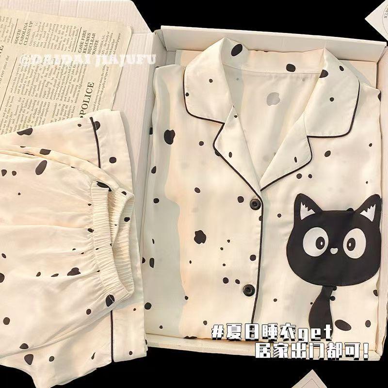 

Korean version of simple black polka dot cat pajamas women s ins style summer short-sleeved shorts loose loungewear two-piece set s [recommended weight 35-40kg ]