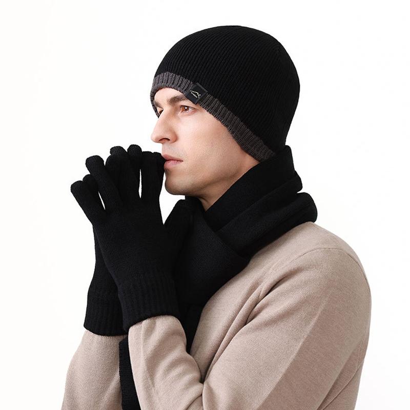 Cashmere Color-Matching Edge Wool Knitted Hat Three-Piece Set Autumn Winter Outdoor Warm Hat Gloves Scarf Kit