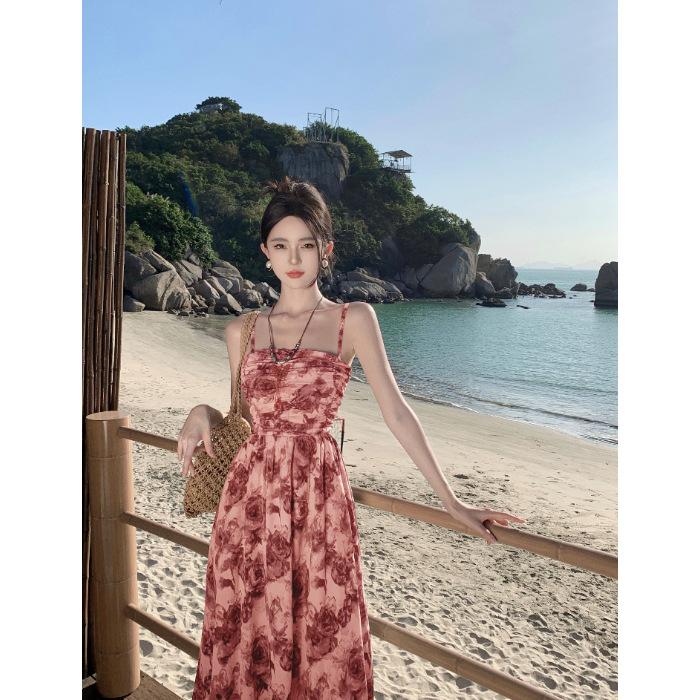 Shoulder Strap Adjustable Ink Floral Tube Top Suspender Dress Women's New Summer Waist Design Long Dress