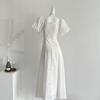 Square collar bubble sleeve dress women's summer leisure temperament gentle wind vacation hollow long skirt