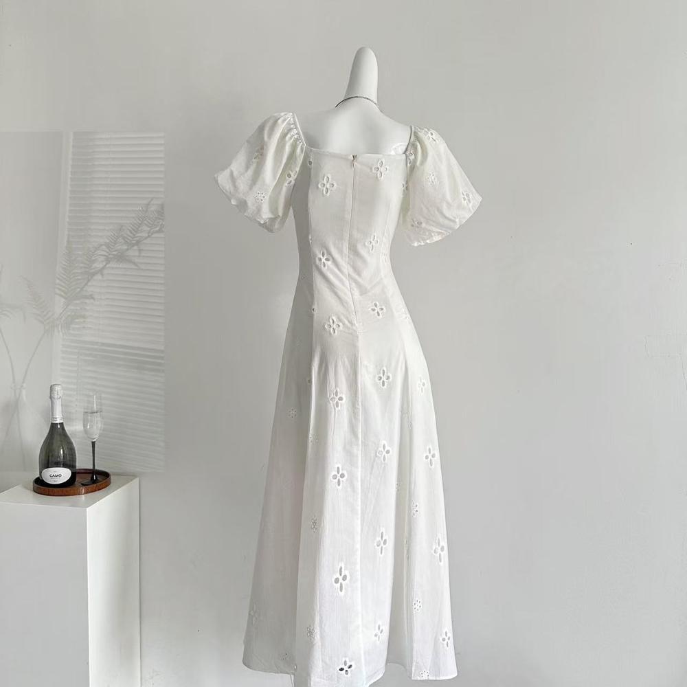 Square collar bubble sleeve dress women's summer leisure temperament gentle wind vacation hollow long skirt